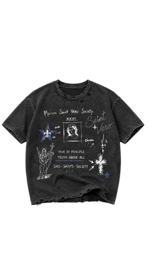 A black mineral-wash short-sleeve t-shirt with a distressed, frayed hem and a white graphic print featuring the text 'Mission Saint Vito Society' and various symbols and illustrations.